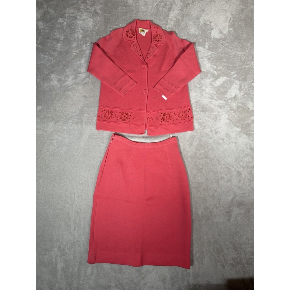 Vintage Double Bells Womens 2 Piece Skirt Suit Coral Pink 100% Wool Size 14